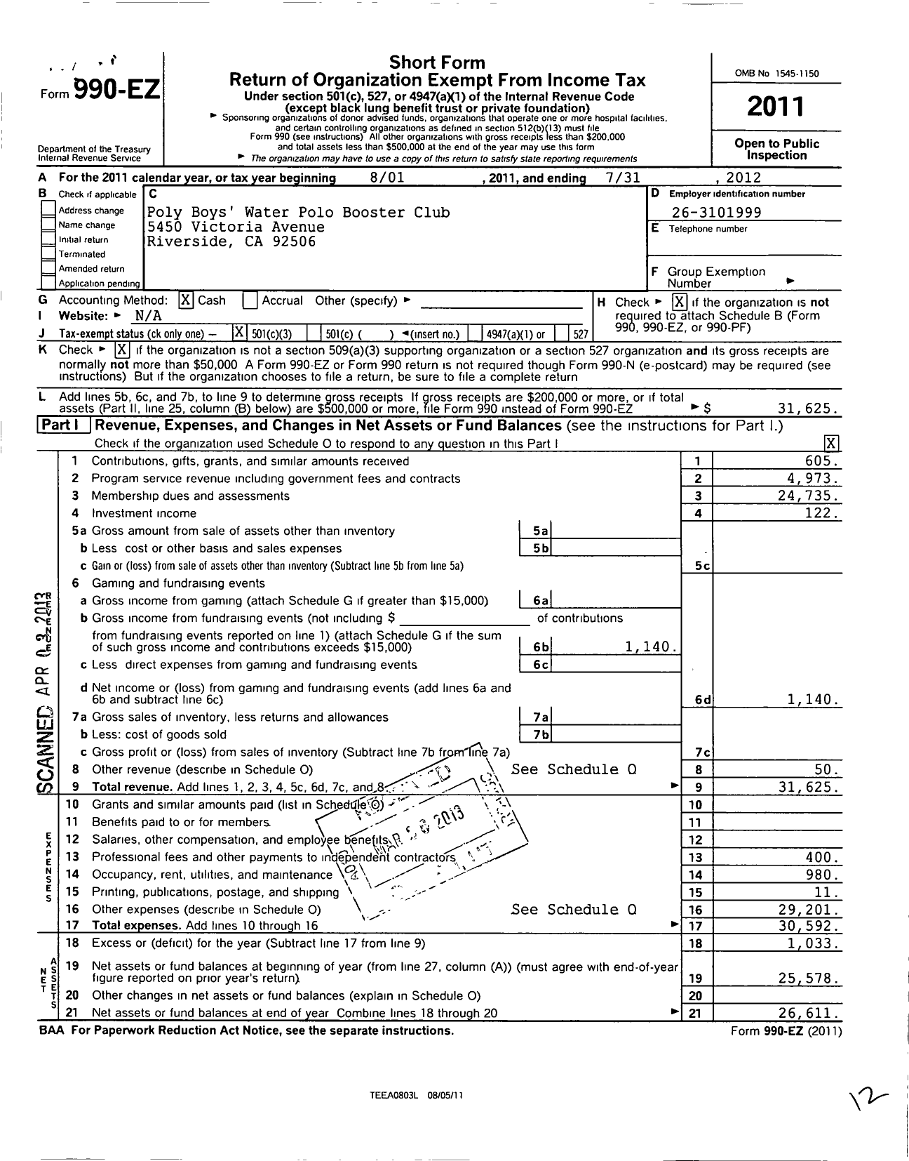 Image of first page of 2011 Form 990EZ for Poly Boys Water Polo Booster Club