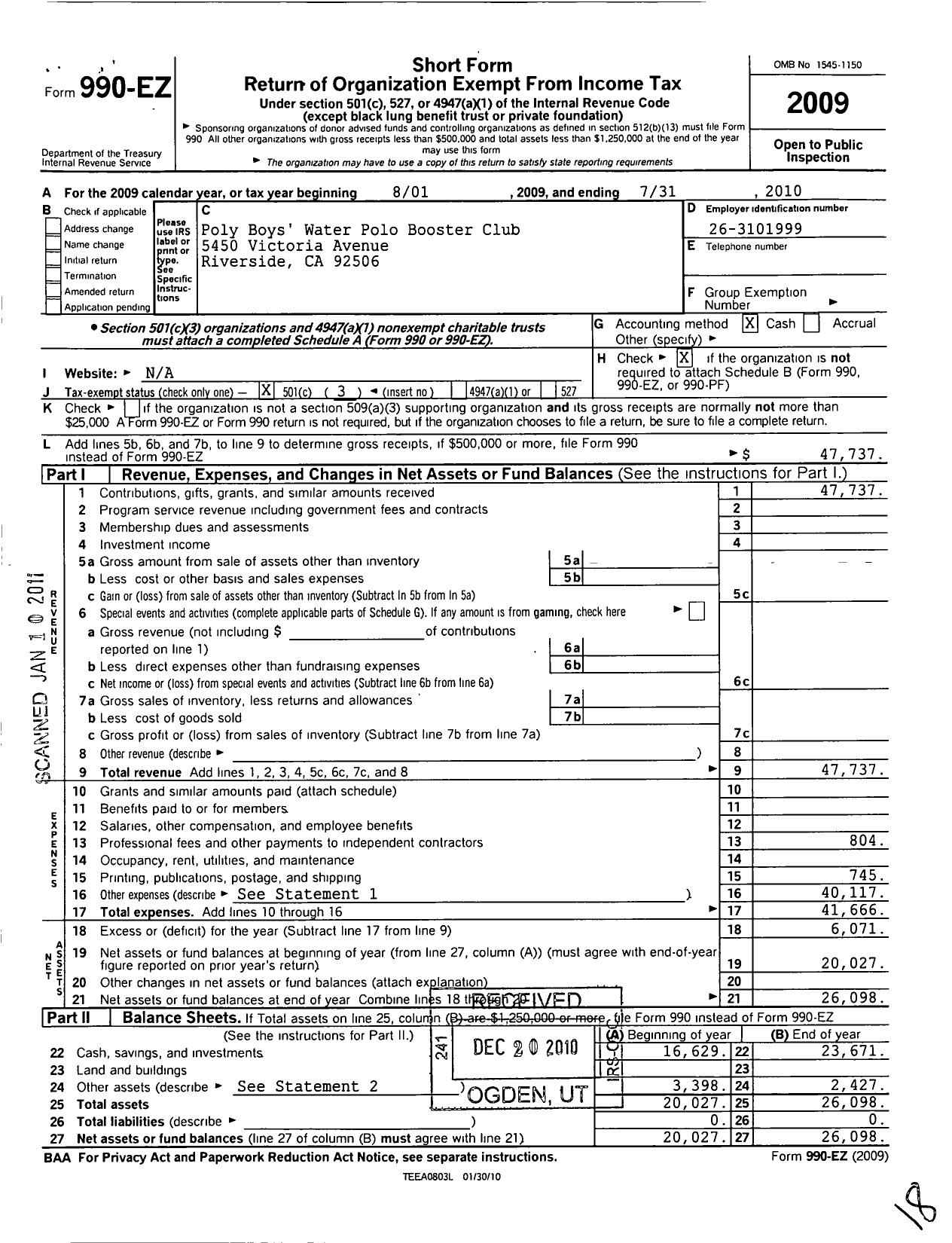 Image of first page of 2009 Form 990EZ for Poly Boys Water Polo Booster Club