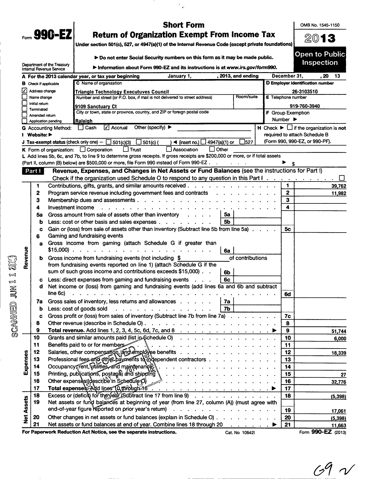 Image of first page of 2013 Form 990EO for Triangle Technology Executives Council (TTEC)