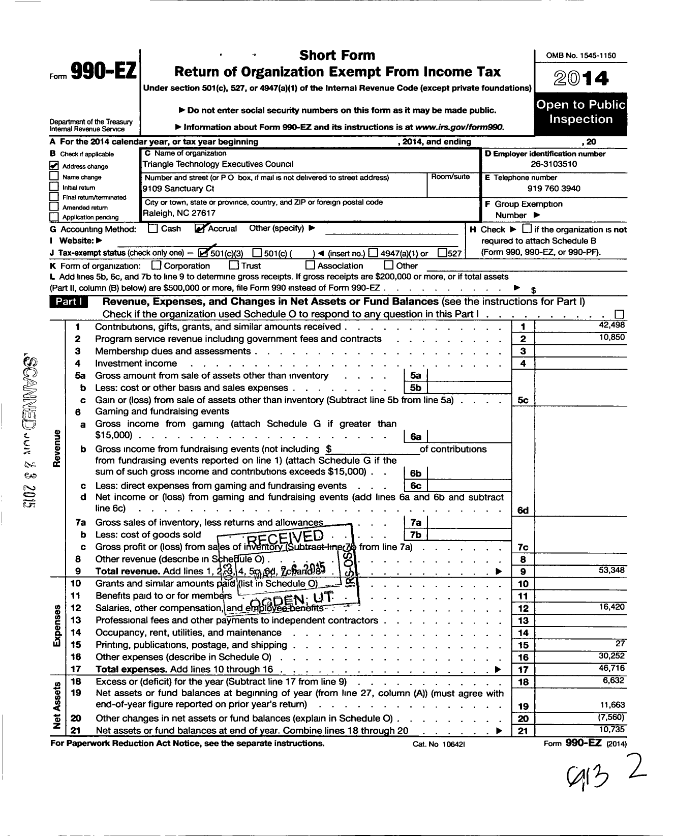 Image of first page of 2014 Form 990EZ for Triangle Technology Executives Council (TTEC)