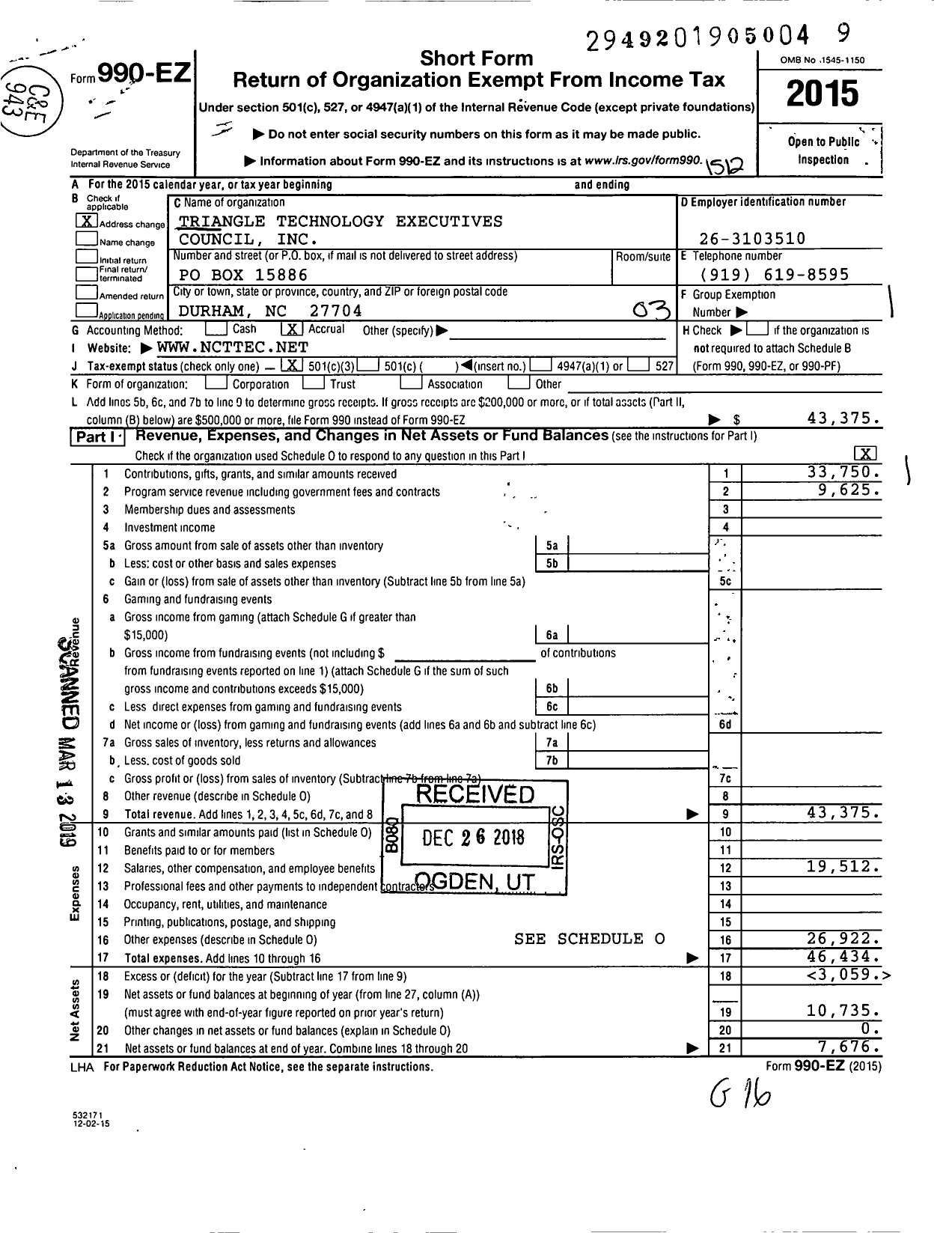 Image of first page of 2015 Form 990EZ for Triangle Technology Executives Council (TTEC)