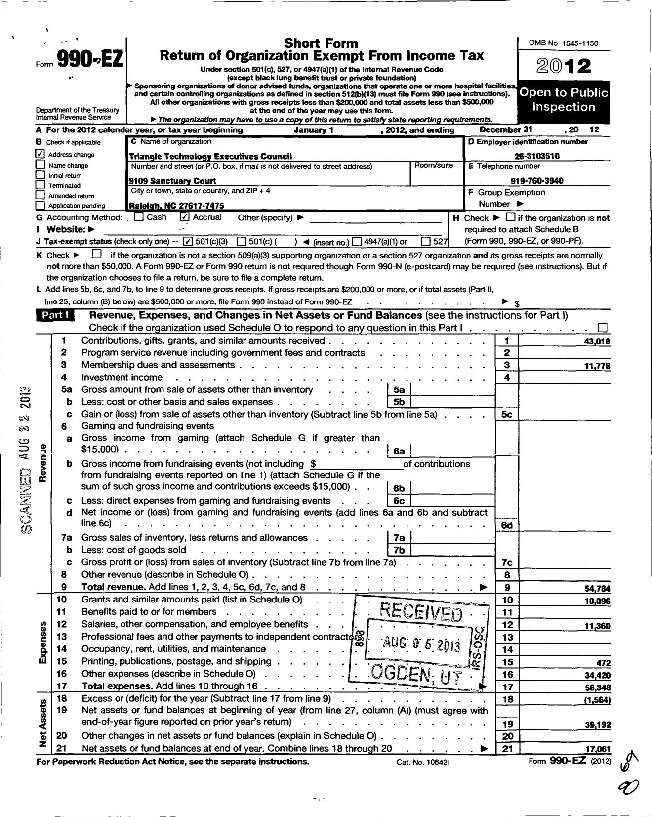 Image of first page of 2012 Form 990EZ for Triangle Technology Executives Council (TTEC)