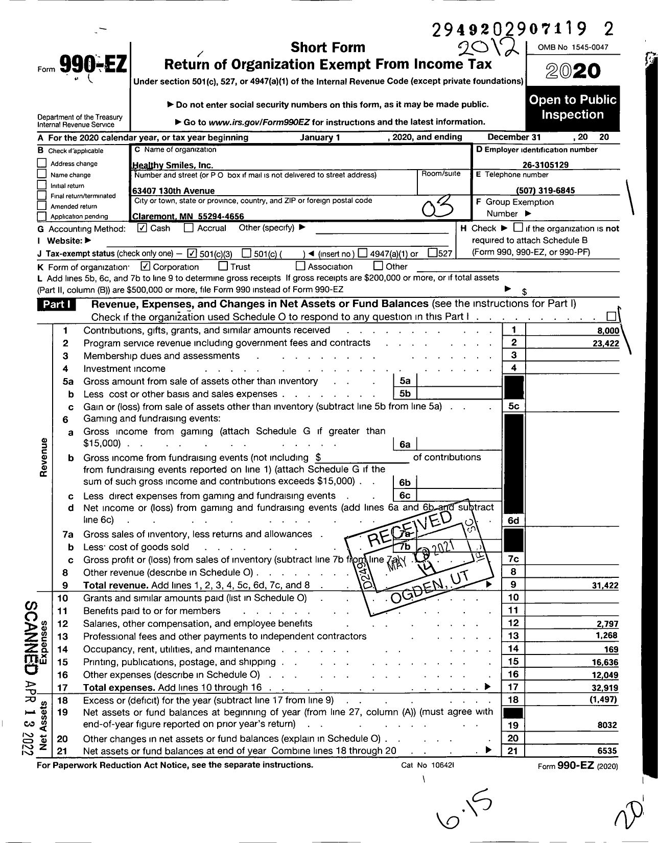 Image of first page of 2020 Form 990EZ for Healthy Smiles