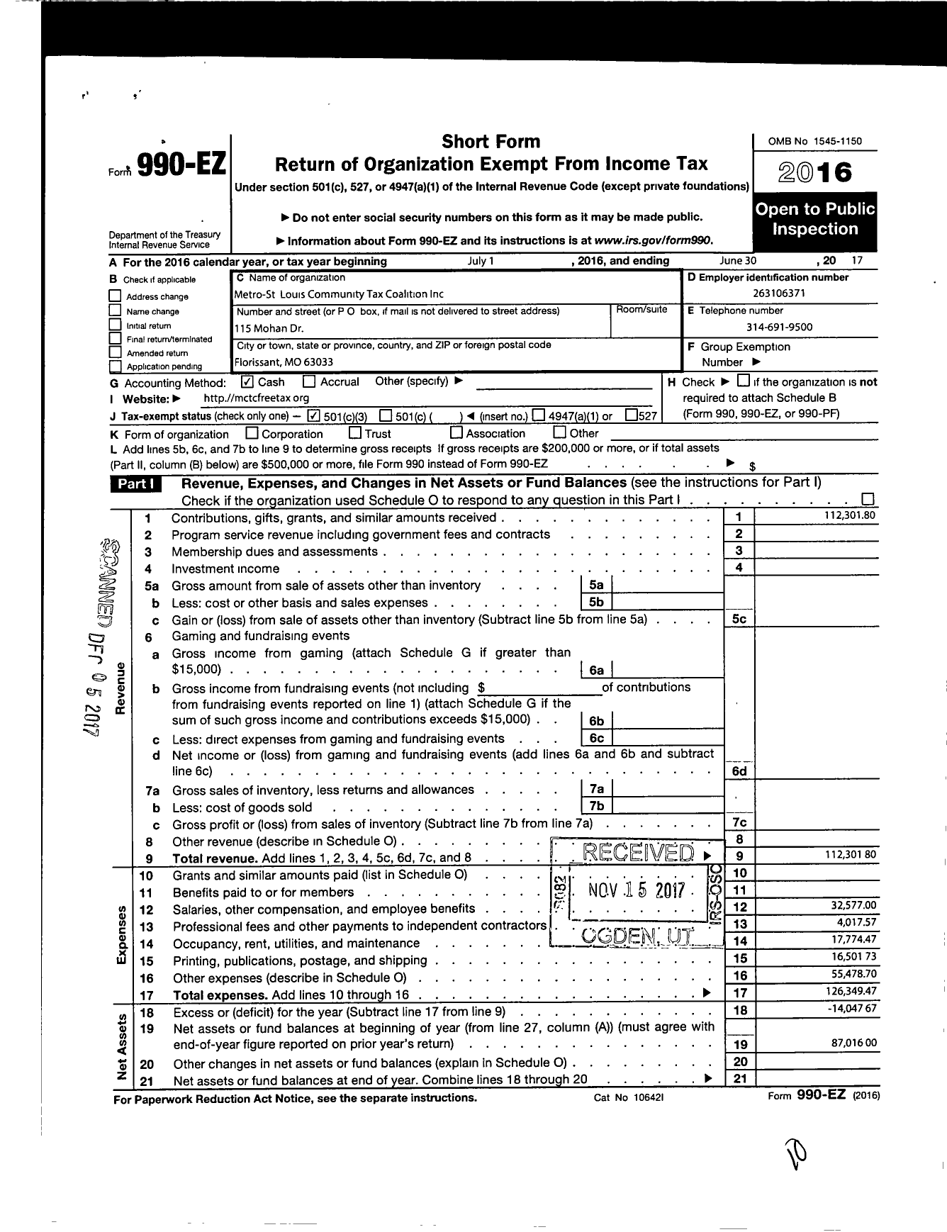 Image of first page of 2016 Form 990EZ for Metro-St Louis Community Tax Coalition