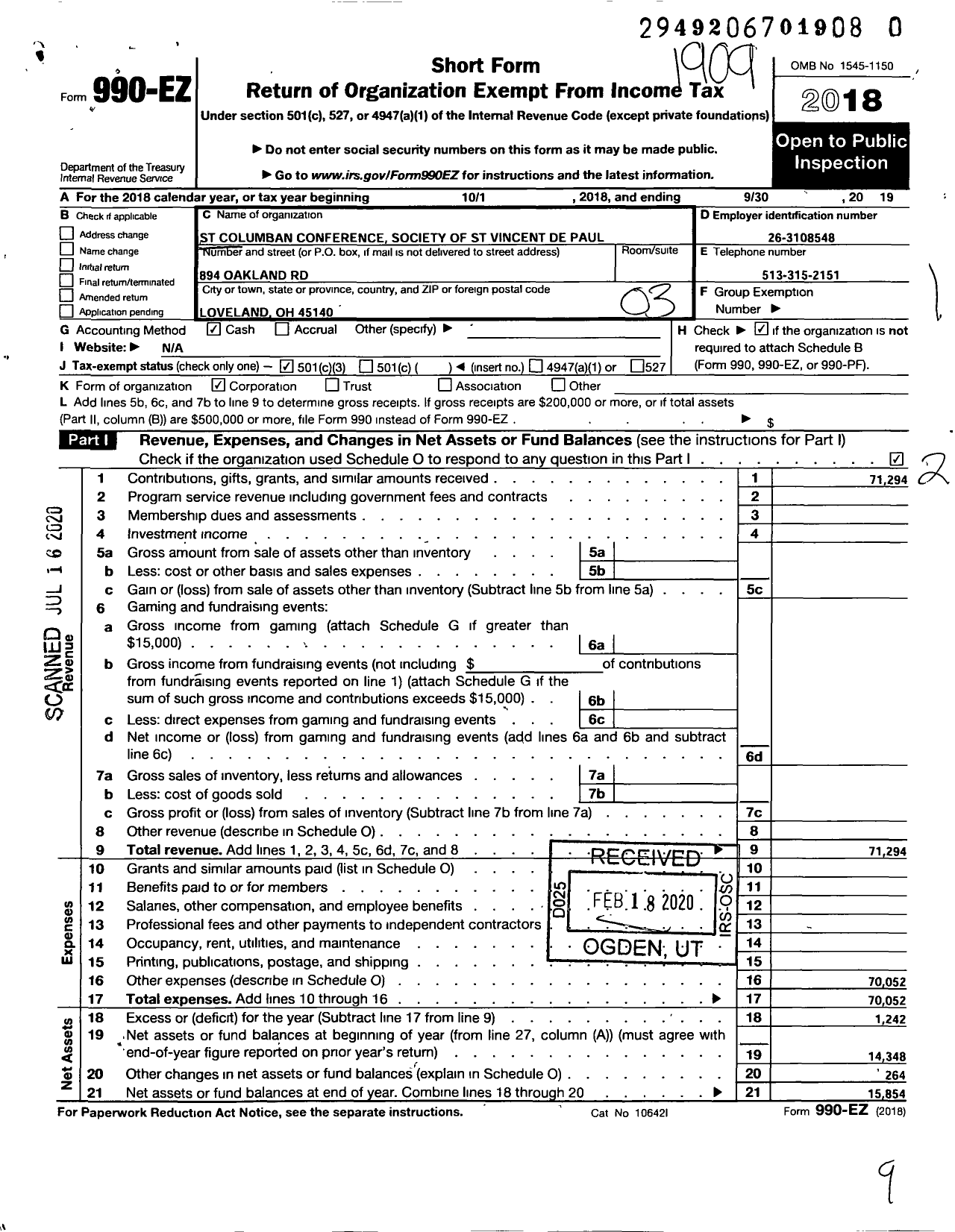 Image of first page of 2018 Form 990EZ for Society of Saint Vincent Depaul Saint Columban Conference