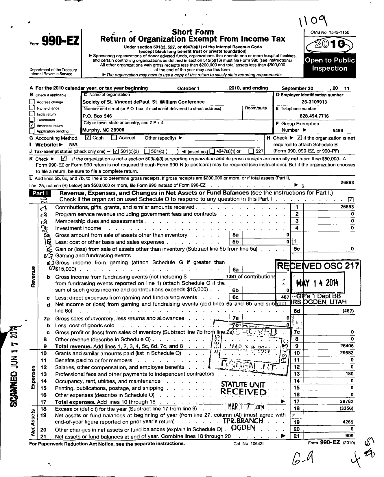 Image of first page of 2010 Form 990EZ for Society of St Vincent Depaul St William Conference