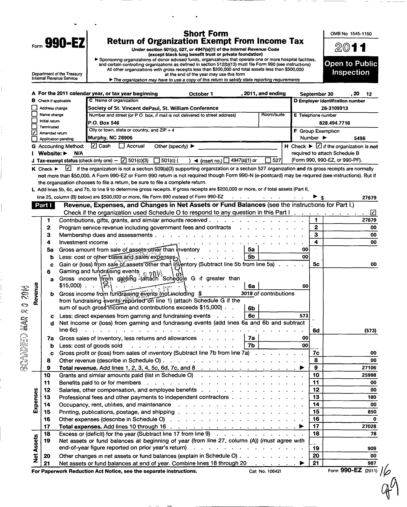 Image of first page of 2011 Form 990EZ for Society of St Vincent Depaul St William Conference