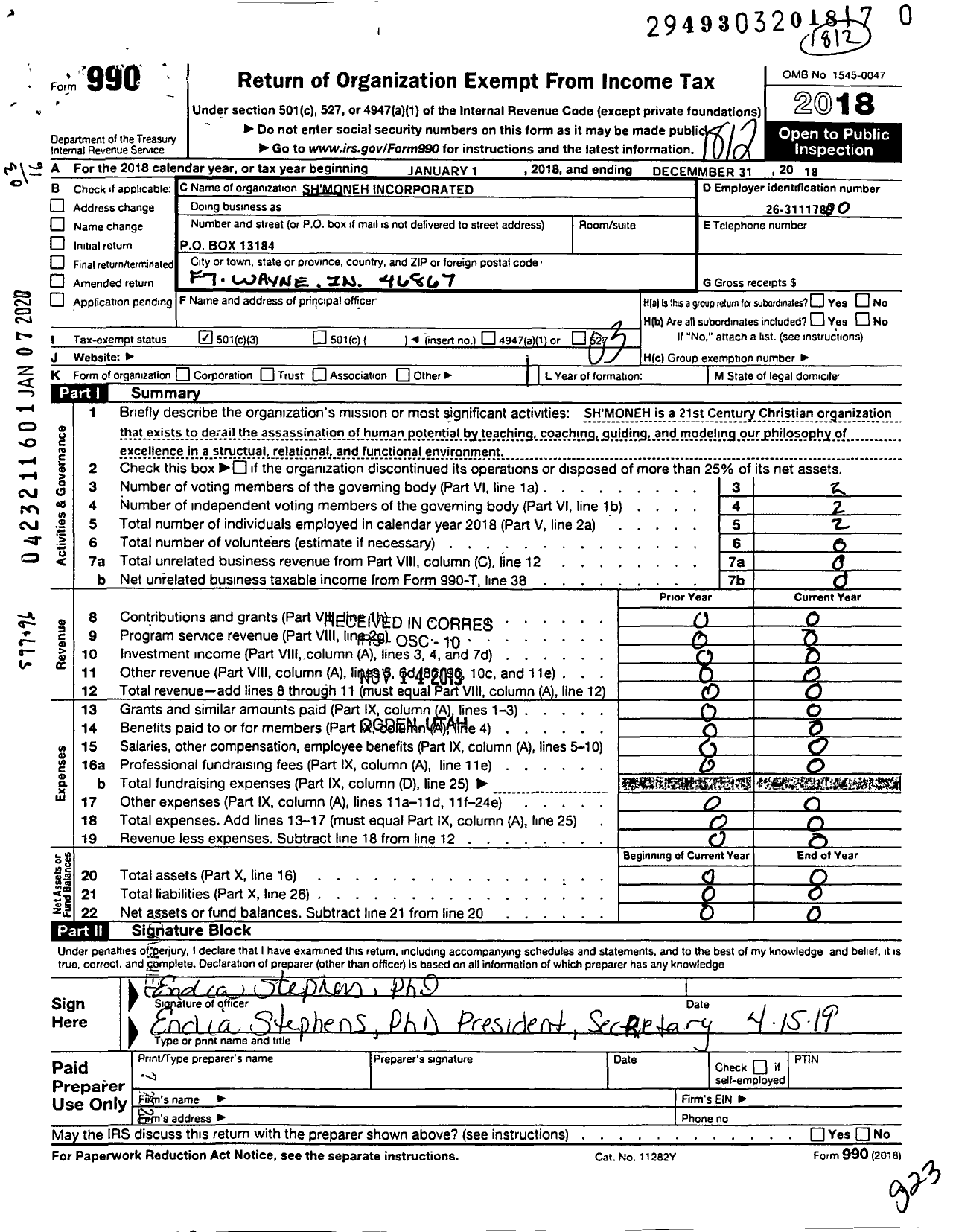 Image of first page of 2018 Form 990 for Shmoneh Moneh Incorporated