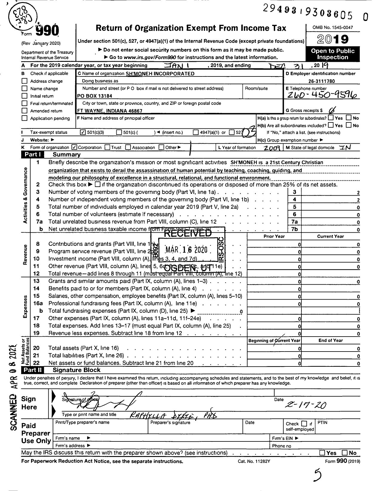 Image of first page of 2019 Form 990 for Shmoneh Moneh Incorporated