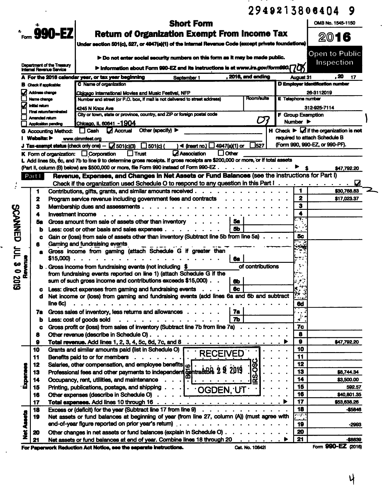 Image of first page of 2016 Form 990EZ for Chicago International Movie and Music Festival