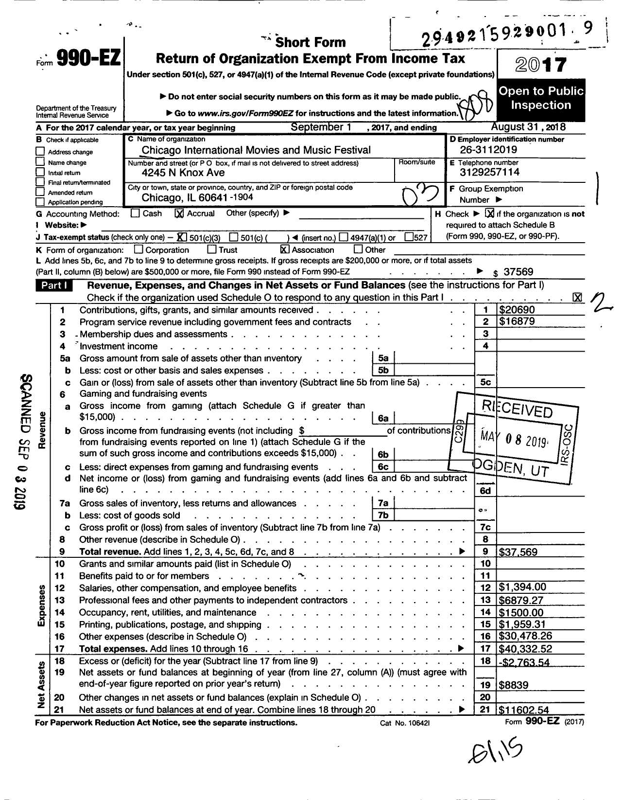 Image of first page of 2017 Form 990EZ for Chicago International Movie and Music Festival