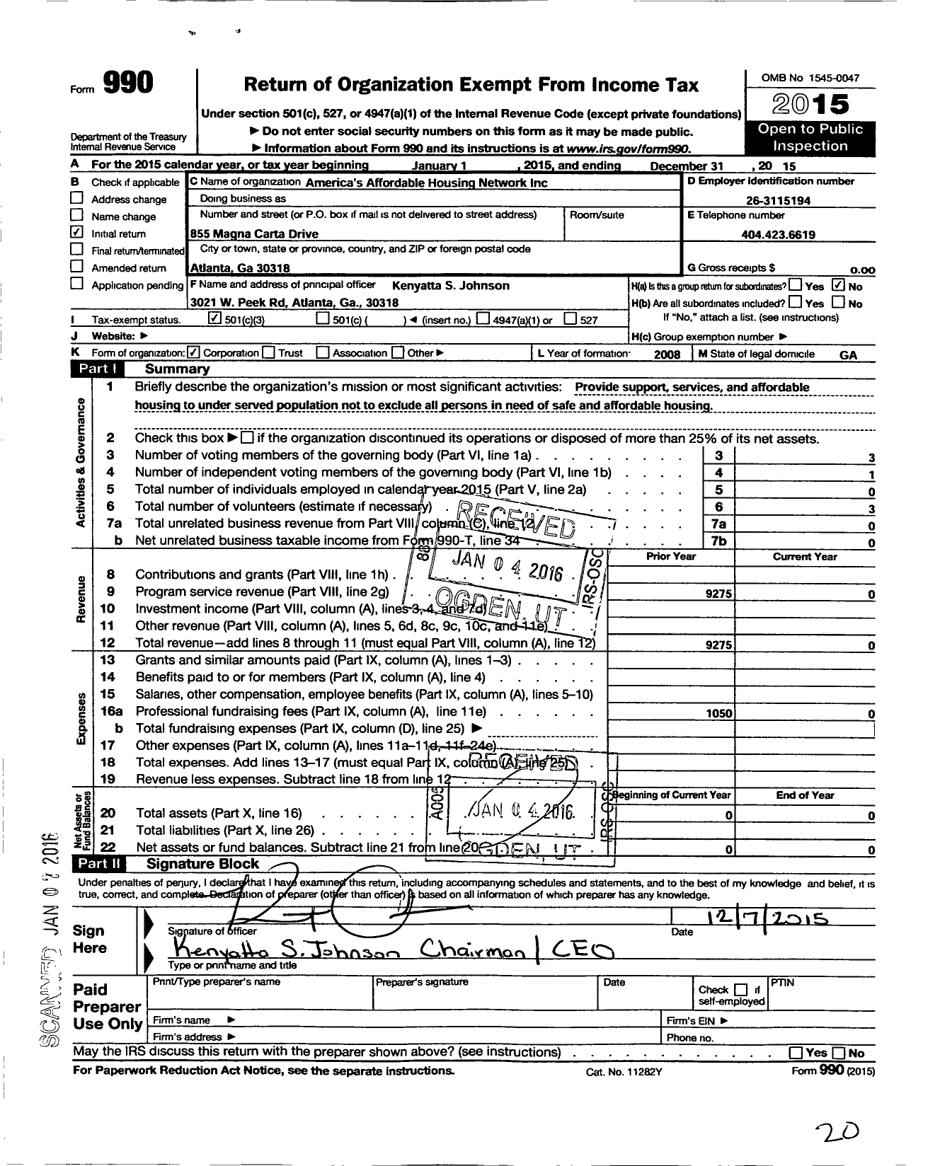 Image of first page of 2015 Form 990 for Americas Affordable Housing Network