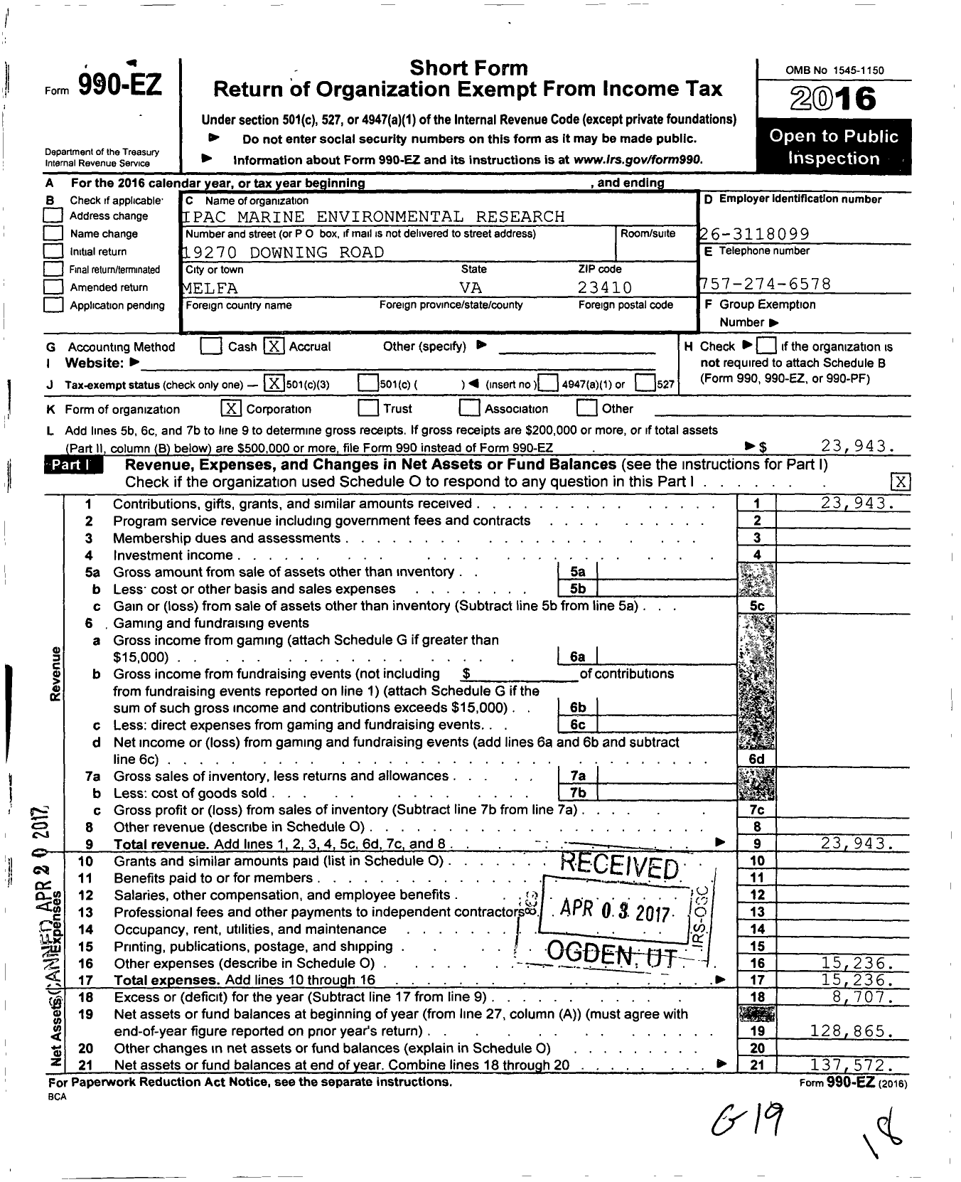 Image of first page of 2016 Form 990EZ for Ipac Marine Environmental Research Corporation