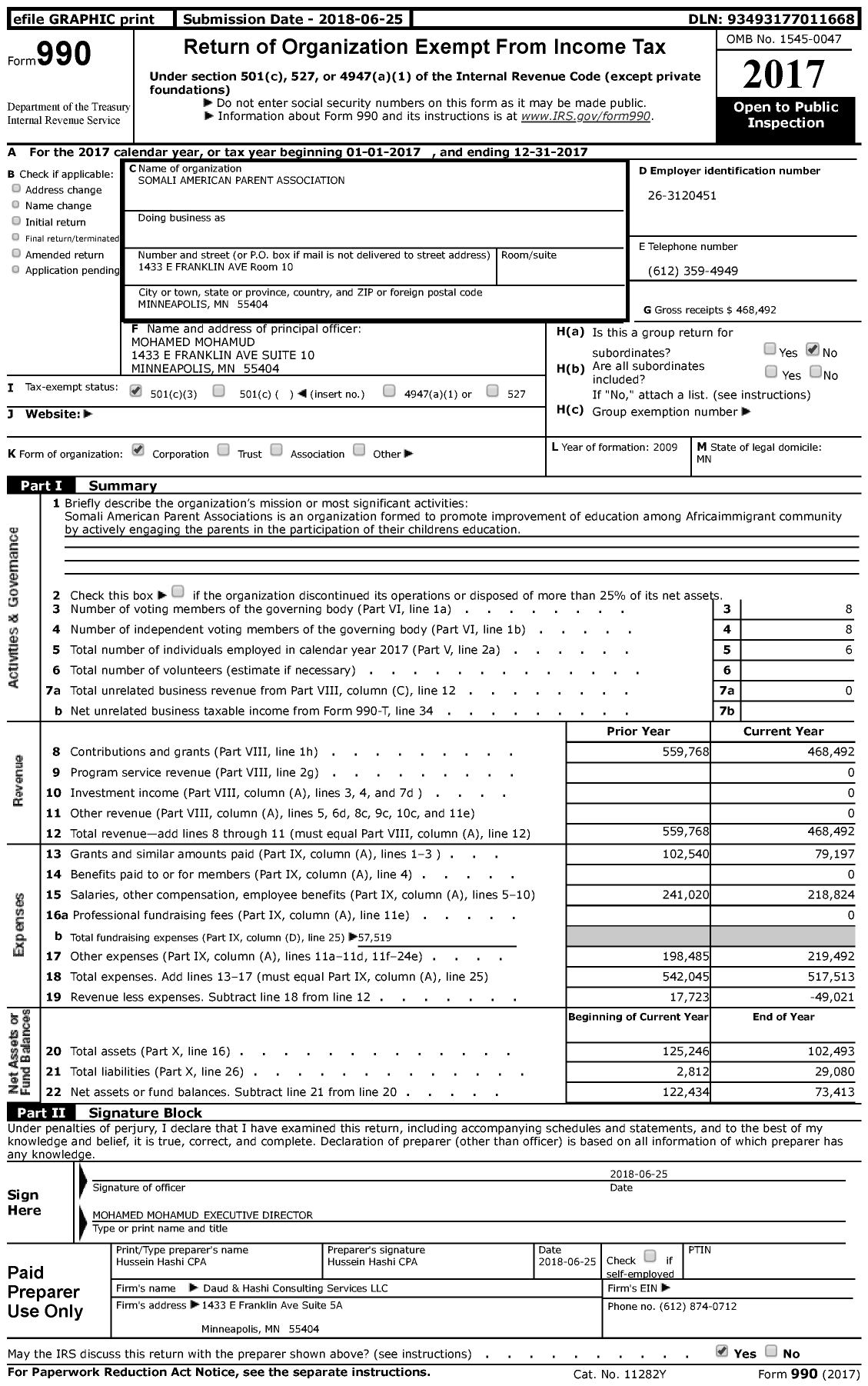 Image of first page of 2017 Form 990 for Somali American Parent Association