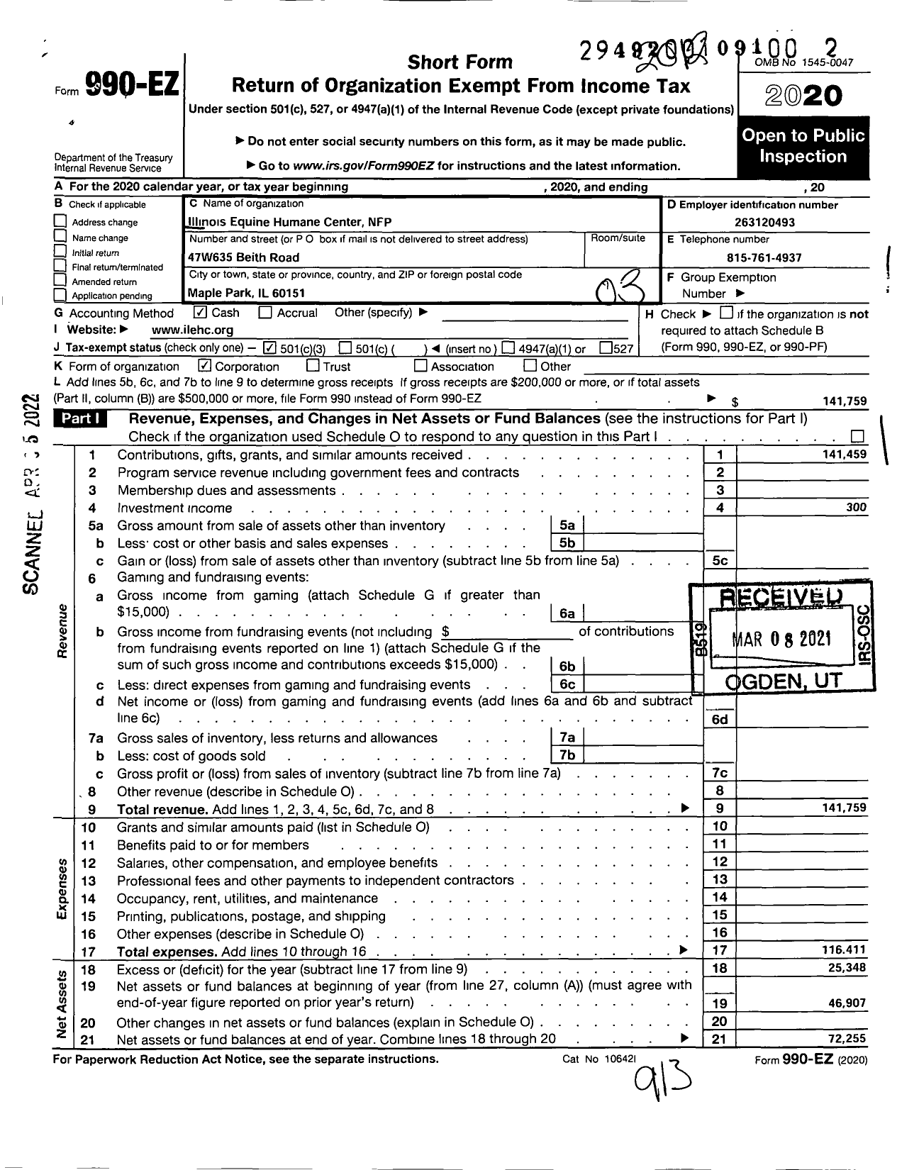 Image of first page of 2020 Form 990EZ for Illinois Equine Humane Center NFP