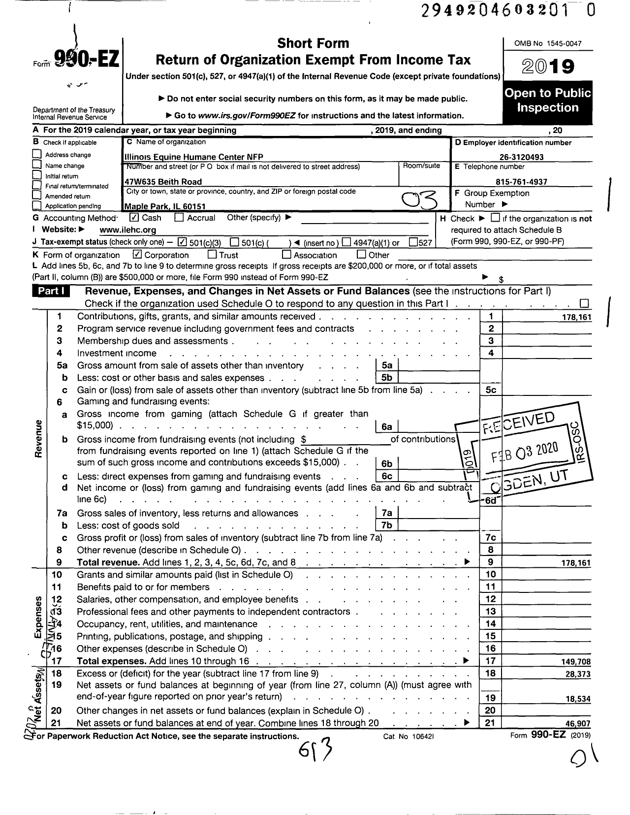 Image of first page of 2019 Form 990EZ for Illinois Equine Humane Center NFP