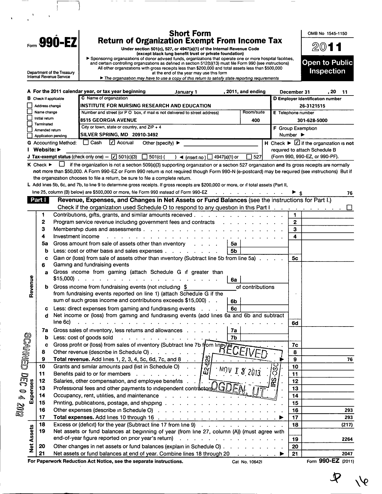 Image of first page of 2011 Form 990EZ for Institute for Nursing Research and Education