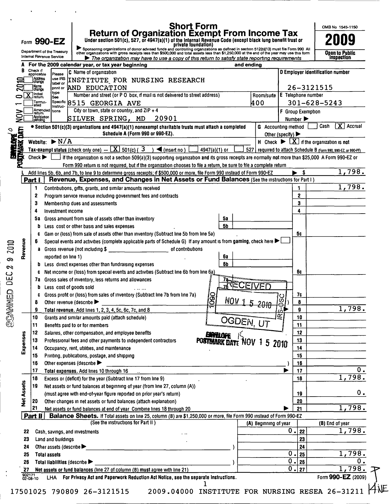 Image of first page of 2009 Form 990EZ for Institute for Nursing Research and Education