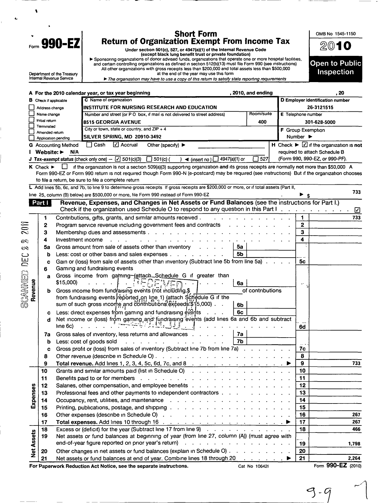 Image of first page of 2010 Form 990EZ for Institute for Nursing Research and Education