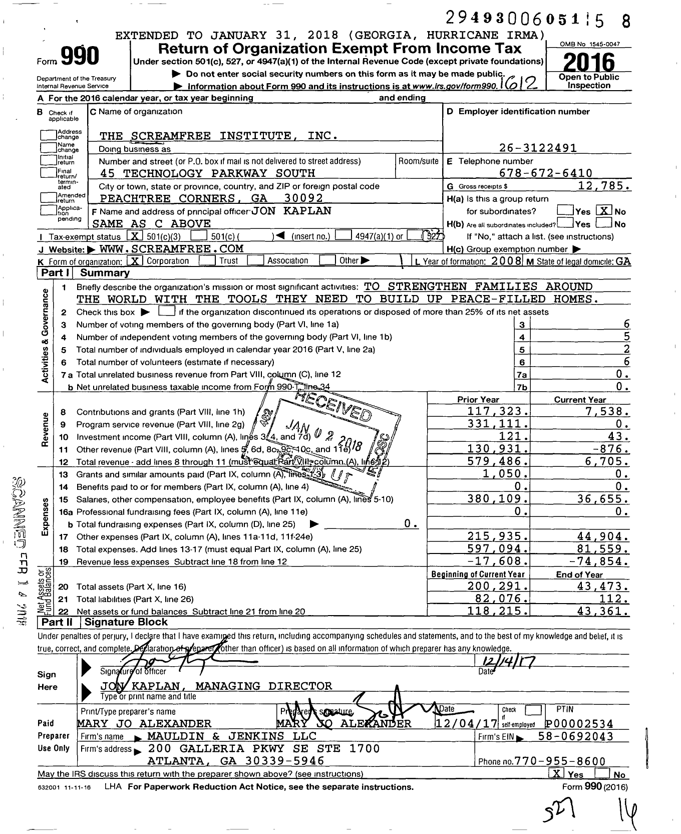 Image of first page of 2016 Form 990 for The Screamfree Institute