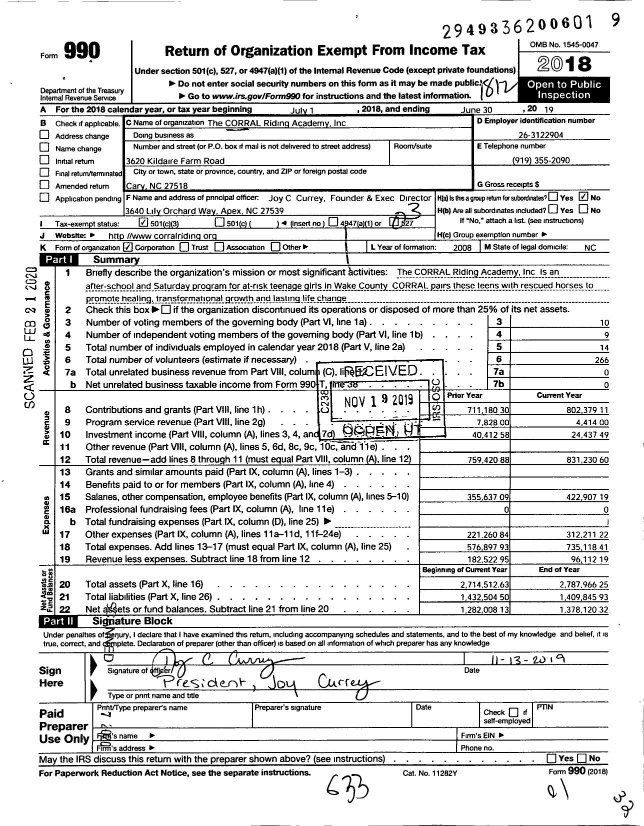 Image of first page of 2018 Form 990 for Corral Riding Academy