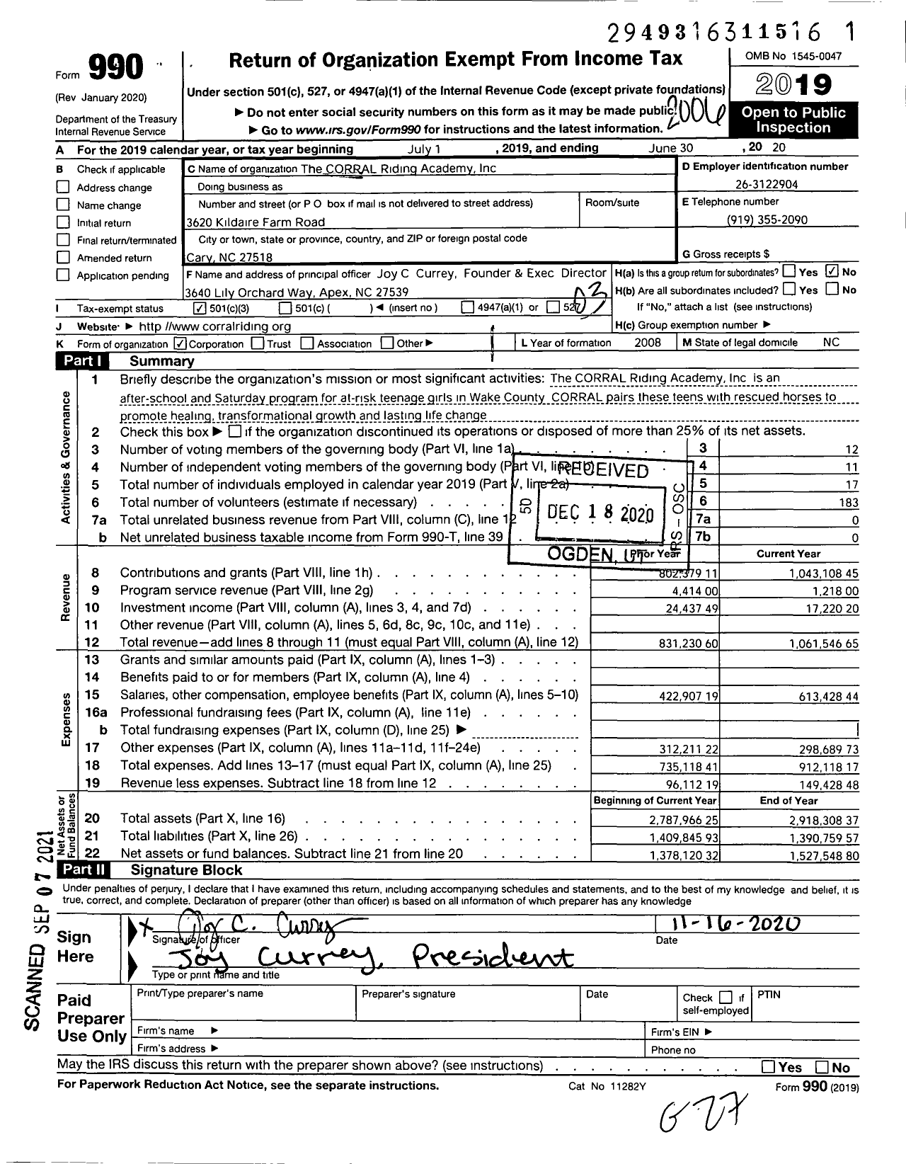 Image of first page of 2019 Form 990 for Corral Riding Academy