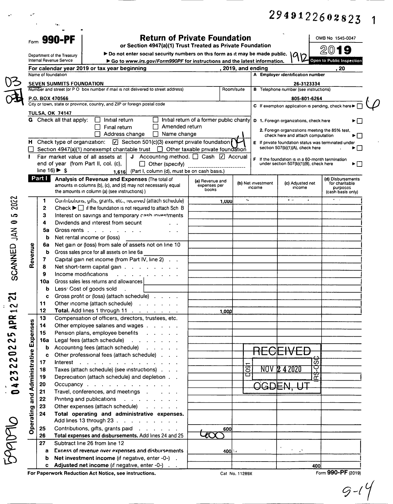 Image of first page of 2019 Form 990PF for Seven Summits Foundation