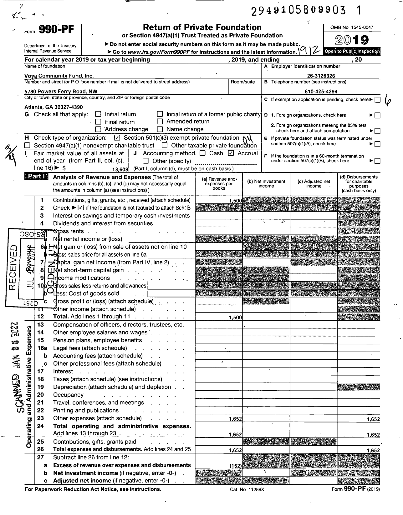 Image of first page of 2019 Form 990PF for VOYA COMMUNITY Fund