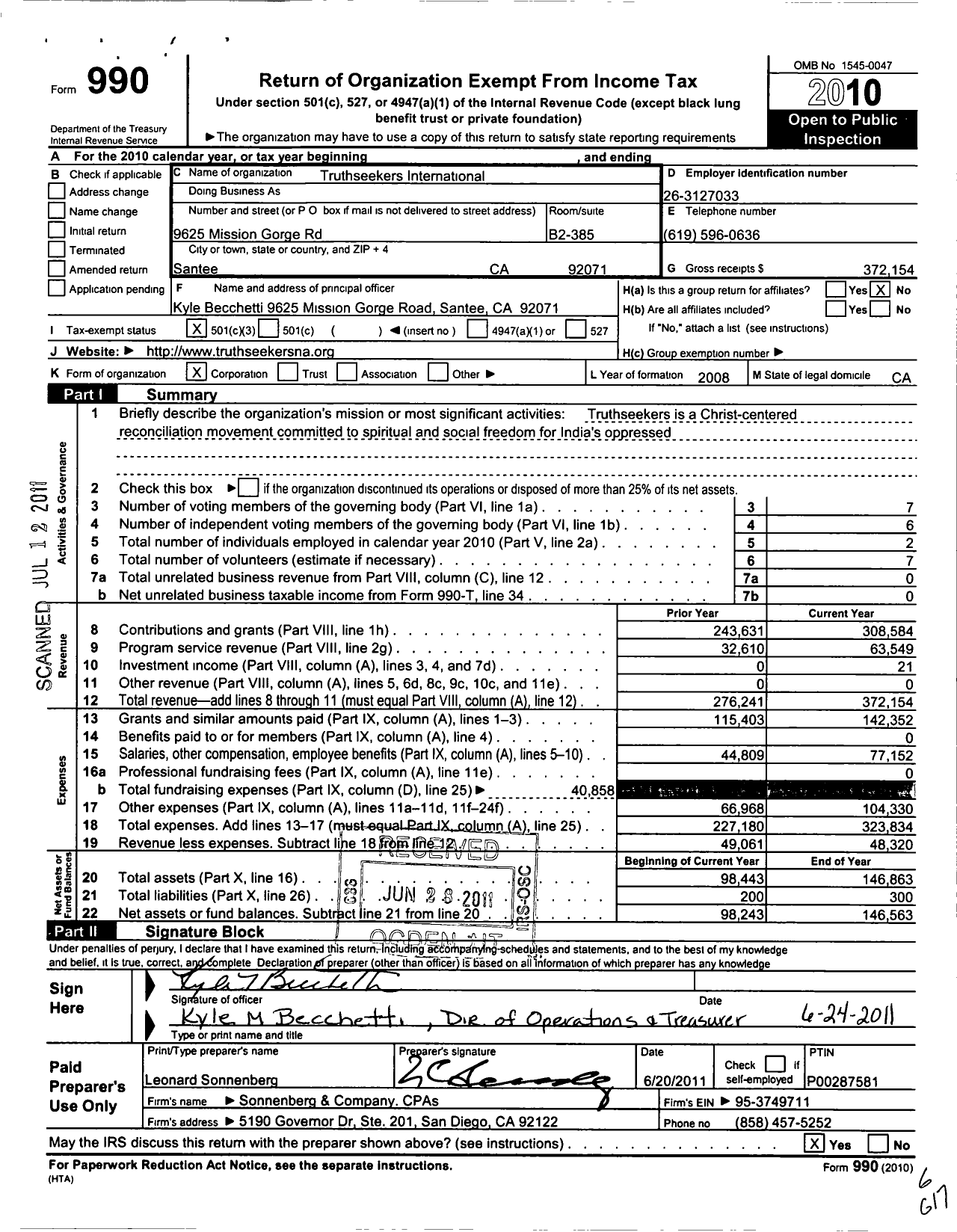 Image of first page of 2010 Form 990 for Truthseekers International