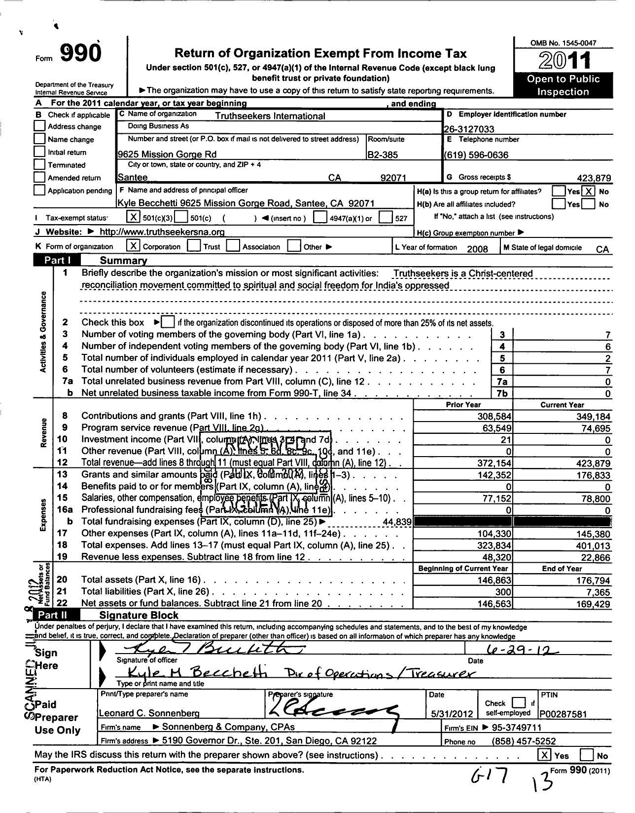 Image of first page of 2011 Form 990 for Truthseekers International