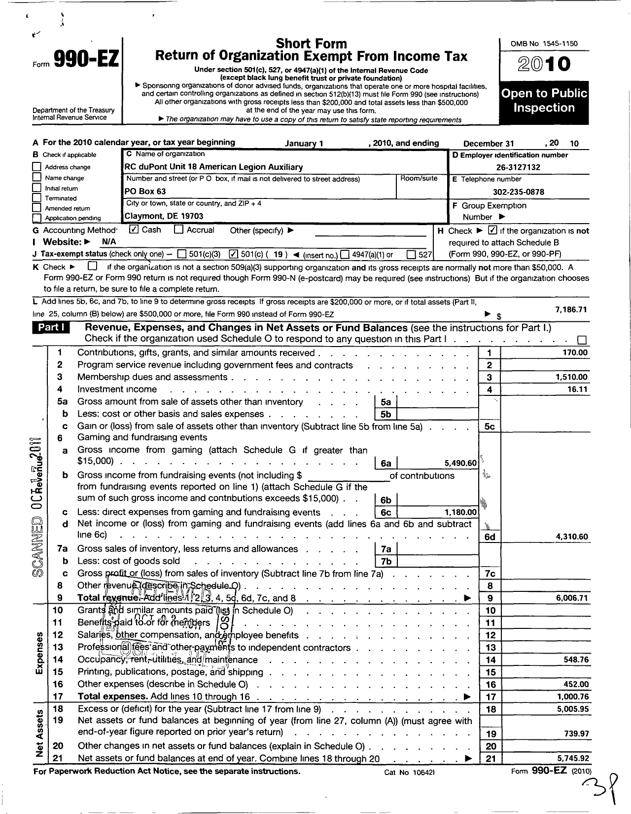 Image of first page of 2010 Form 990EO for American Legion Auxiliary - 18 Richard C Dupont