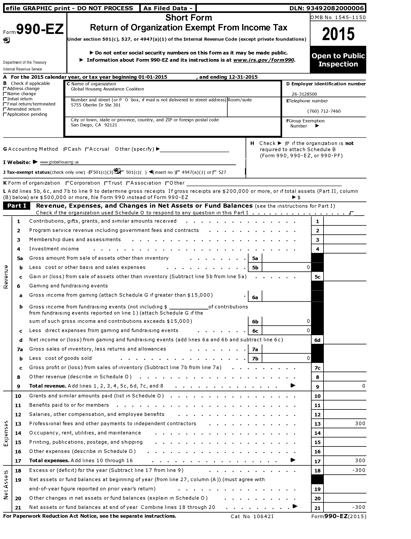 Image of first page of 2015 Form 990EZ for Global Housing Assistance Coalition