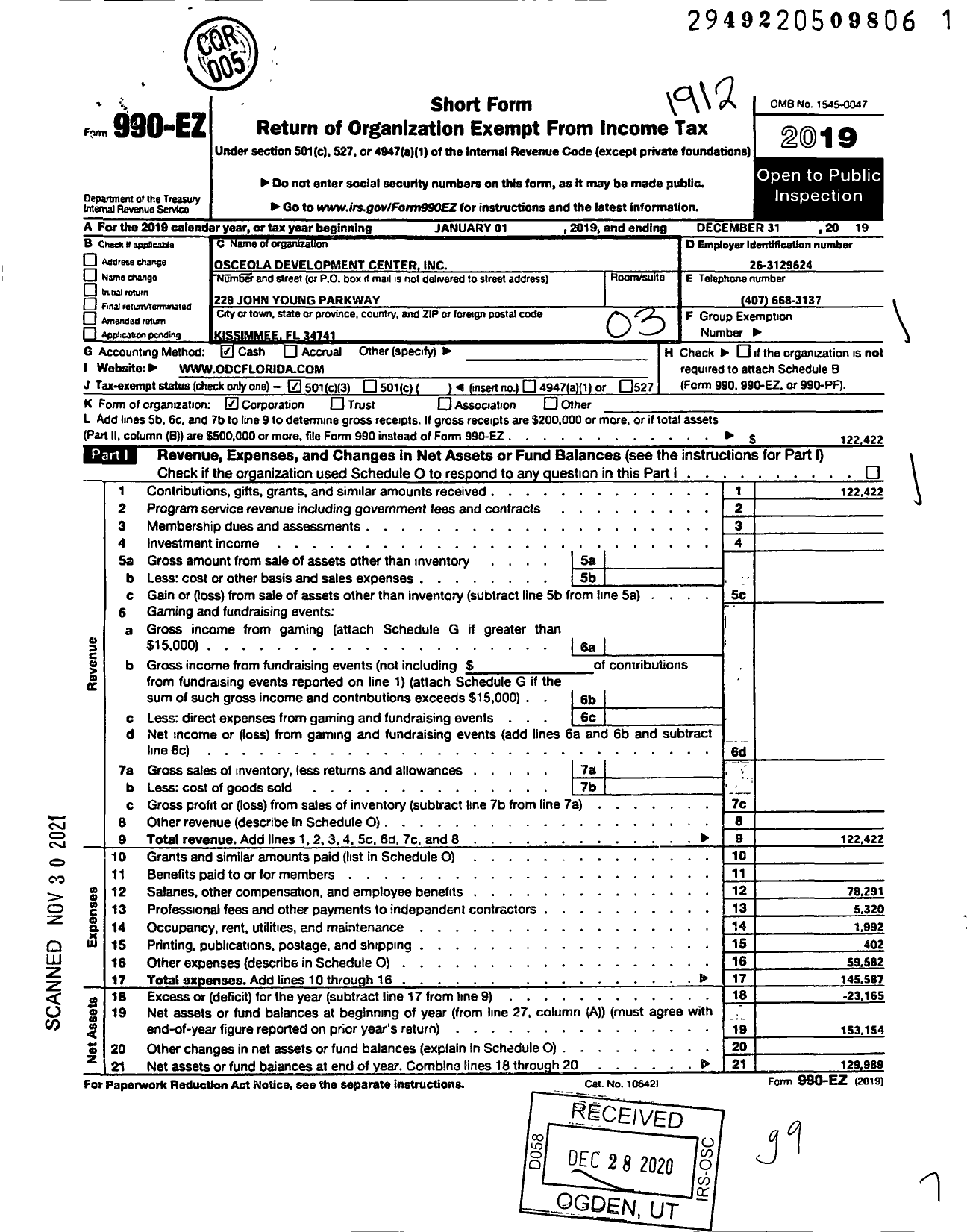 Image of first page of 2019 Form 990EZ for Osceola Developmental Centers