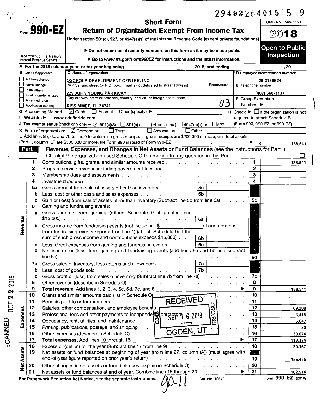 Image of first page of 2018 Form 990EZ for Osceola Developmental Centers