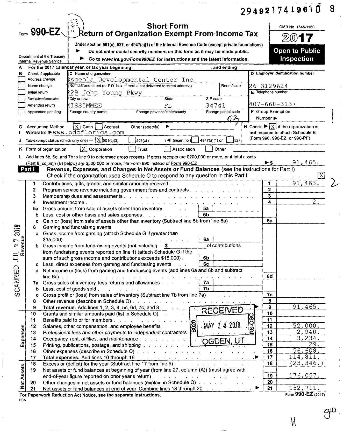 Image of first page of 2017 Form 990EZ for Osceola Developmental Centers