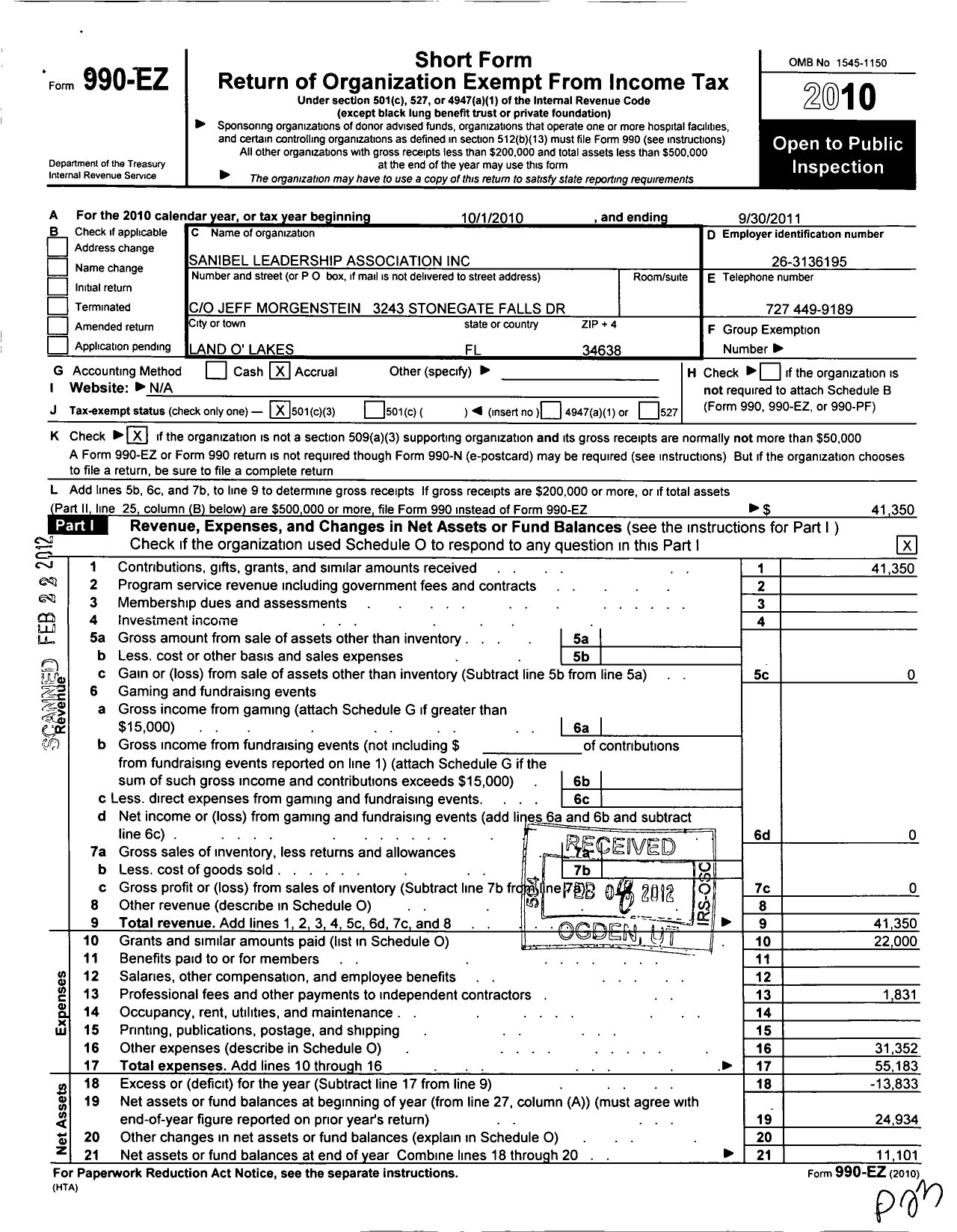 Image of first page of 2010 Form 990EZ for Sanibel Leadership Association