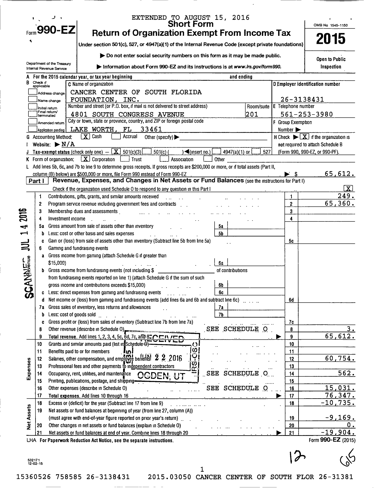 Image of first page of 2015 Form 990EZ for Cancer Center of South Florida Foundation