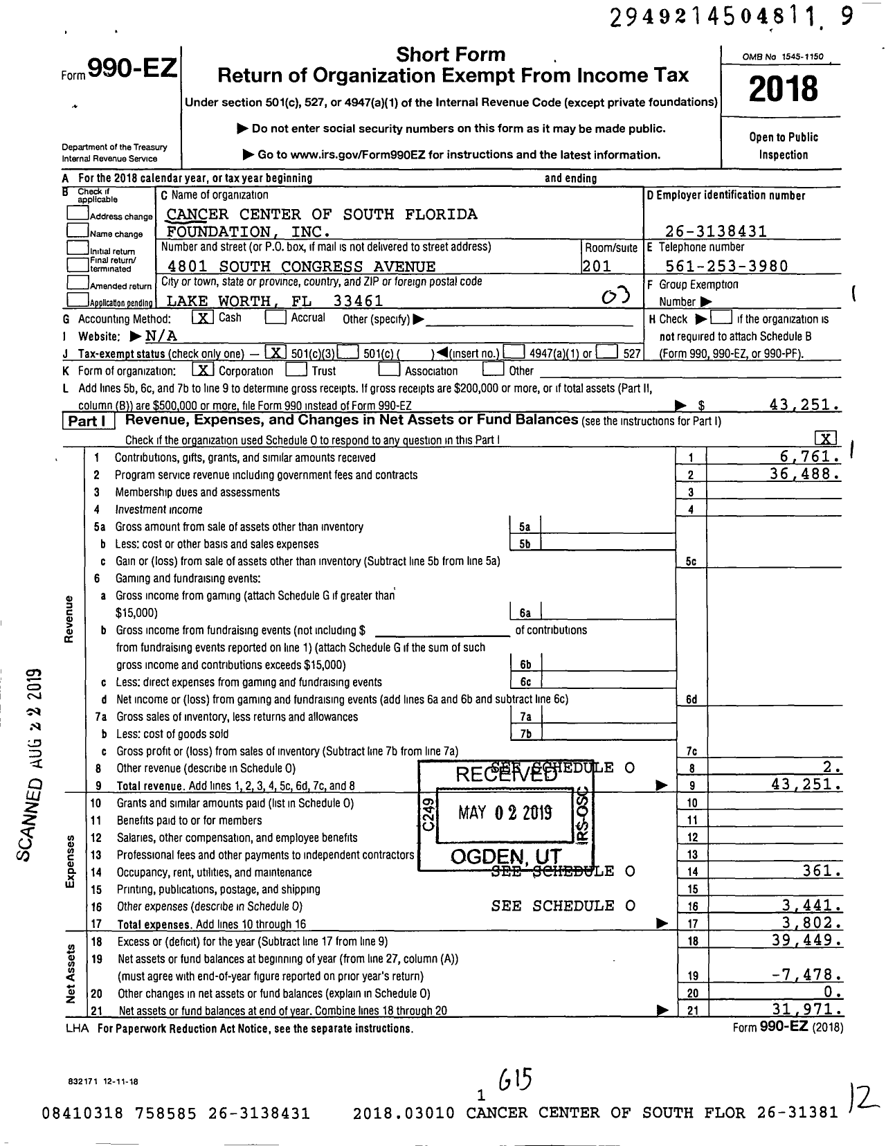 Image of first page of 2018 Form 990EZ for Cancer Center of South Florida Foundation