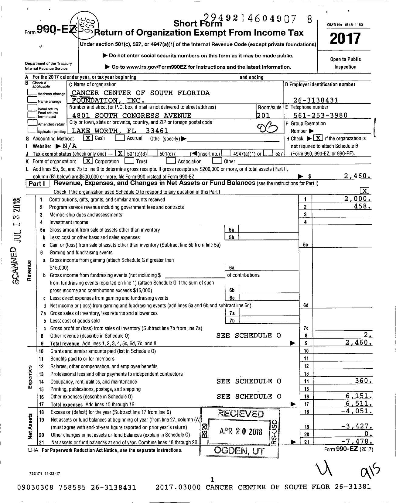 Image of first page of 2017 Form 990EZ for Cancer Center of South Florida Foundation