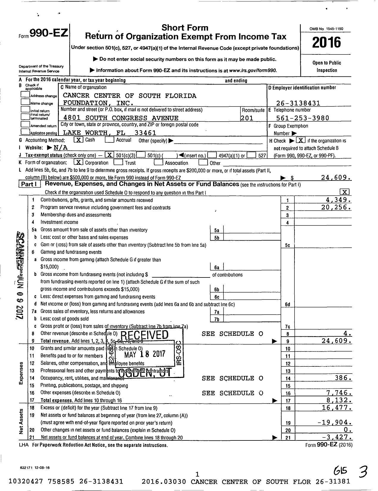 Image of first page of 2016 Form 990EZ for Cancer Center of South Florida Foundation