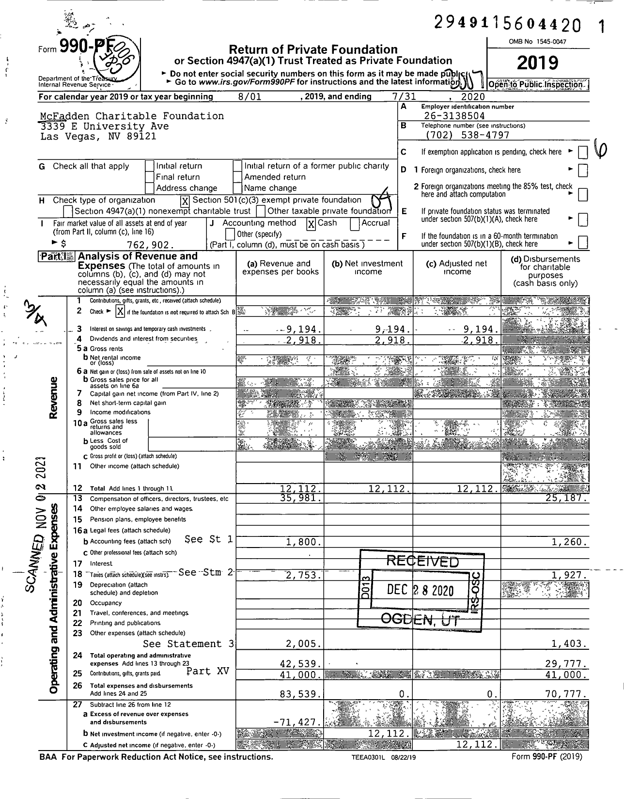 Image of first page of 2019 Form 990PF for McFadden Charitable Foundation