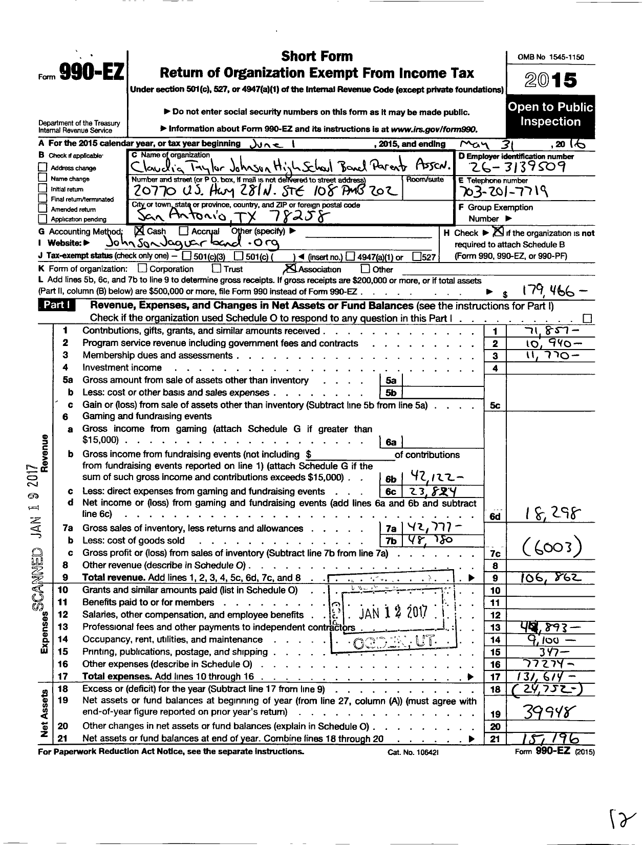 Image of first page of 2015 Form 990EO for Claudia Taylor Johnson High School Band Parents Association