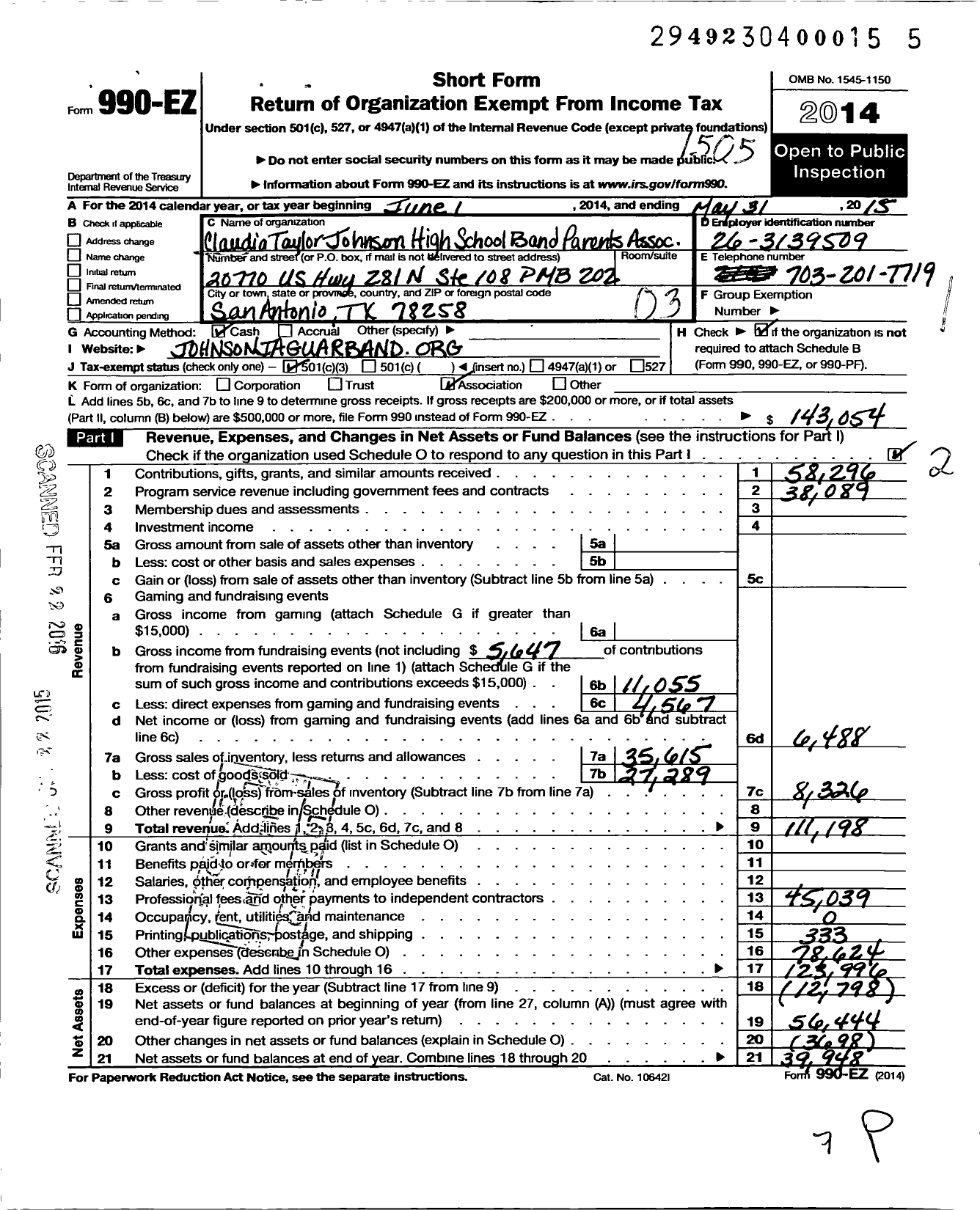 Image of first page of 2014 Form 990EZ for Claudia Taylor Johnson High School Band Parents Association