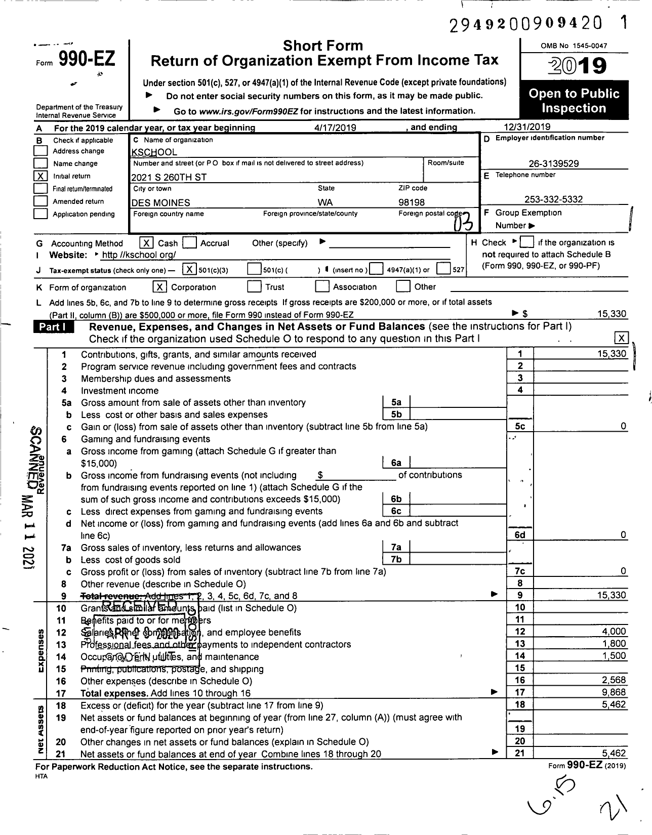 Image of first page of 2019 Form 990EZ for Bright Light School