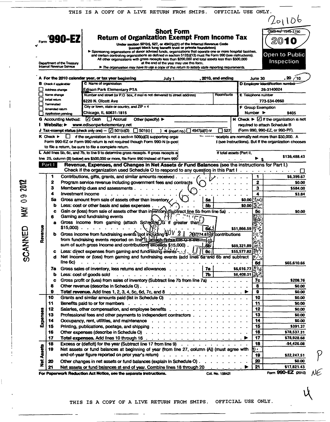 Image of first page of 2010 Form 990EZ for Illinois PTA - Edison Park Elementary PTA