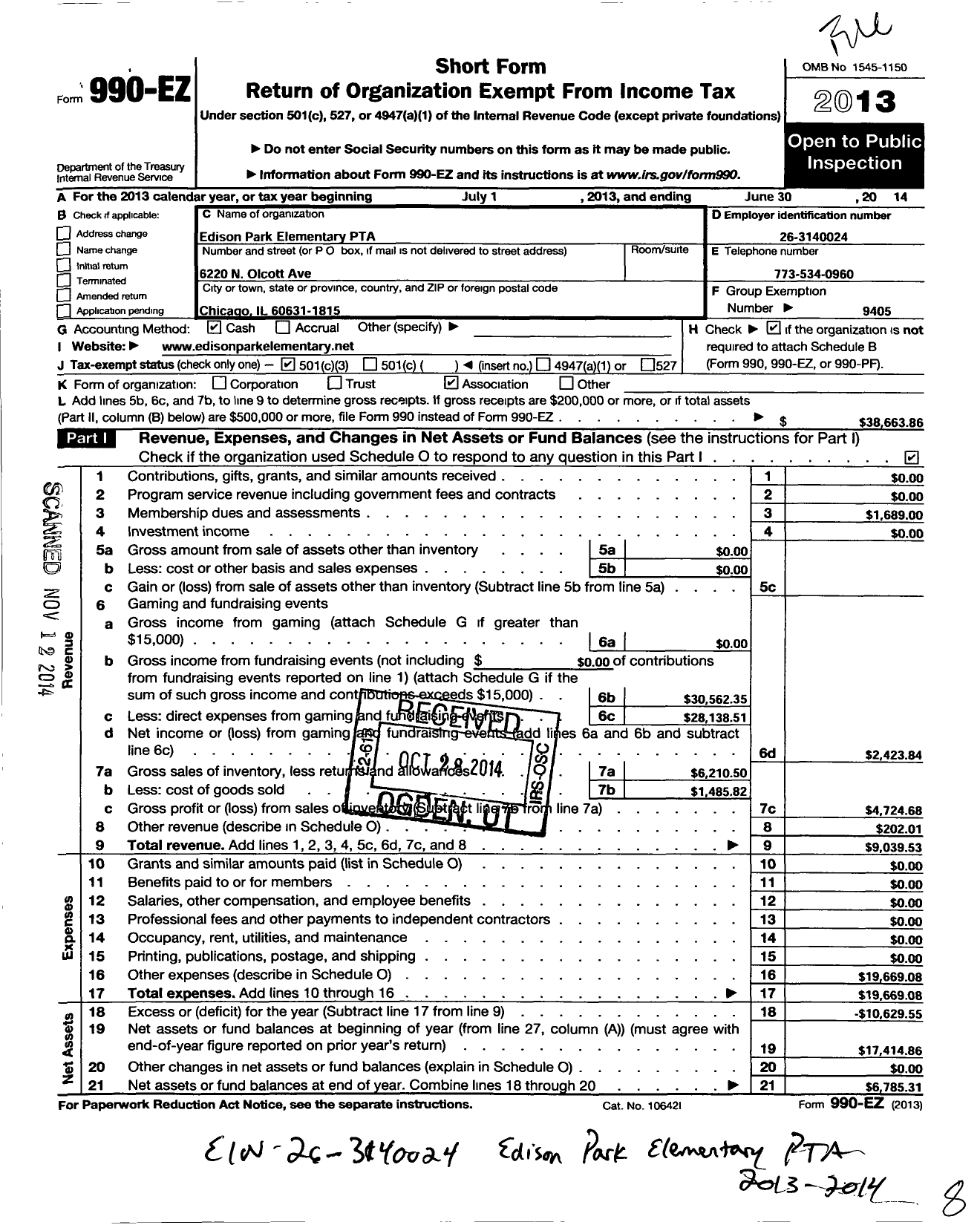 Image of first page of 2013 Form 990EZ for Illinois PTA - Edison Park Elementary PTA