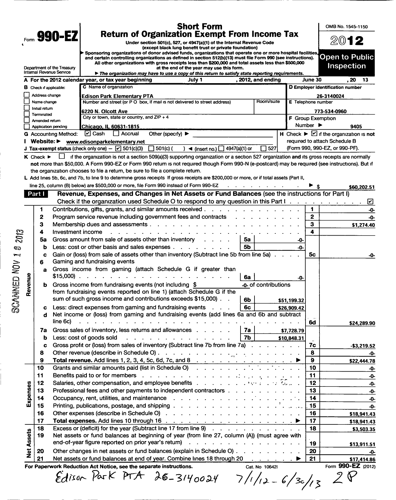 Image of first page of 2012 Form 990EZ for Illinois PTA - Edison Park Elementary PTA