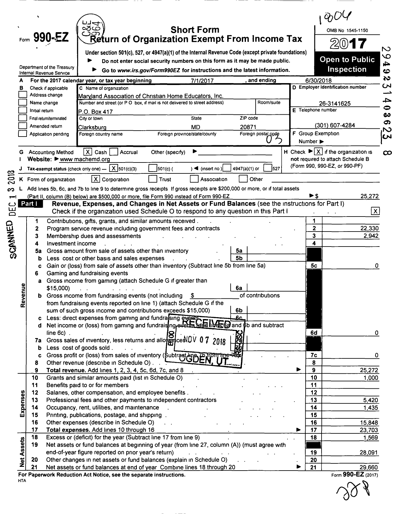 Image of first page of 2017 Form 990EZ for Maryland Association of Christian Home Educators (MACHE)