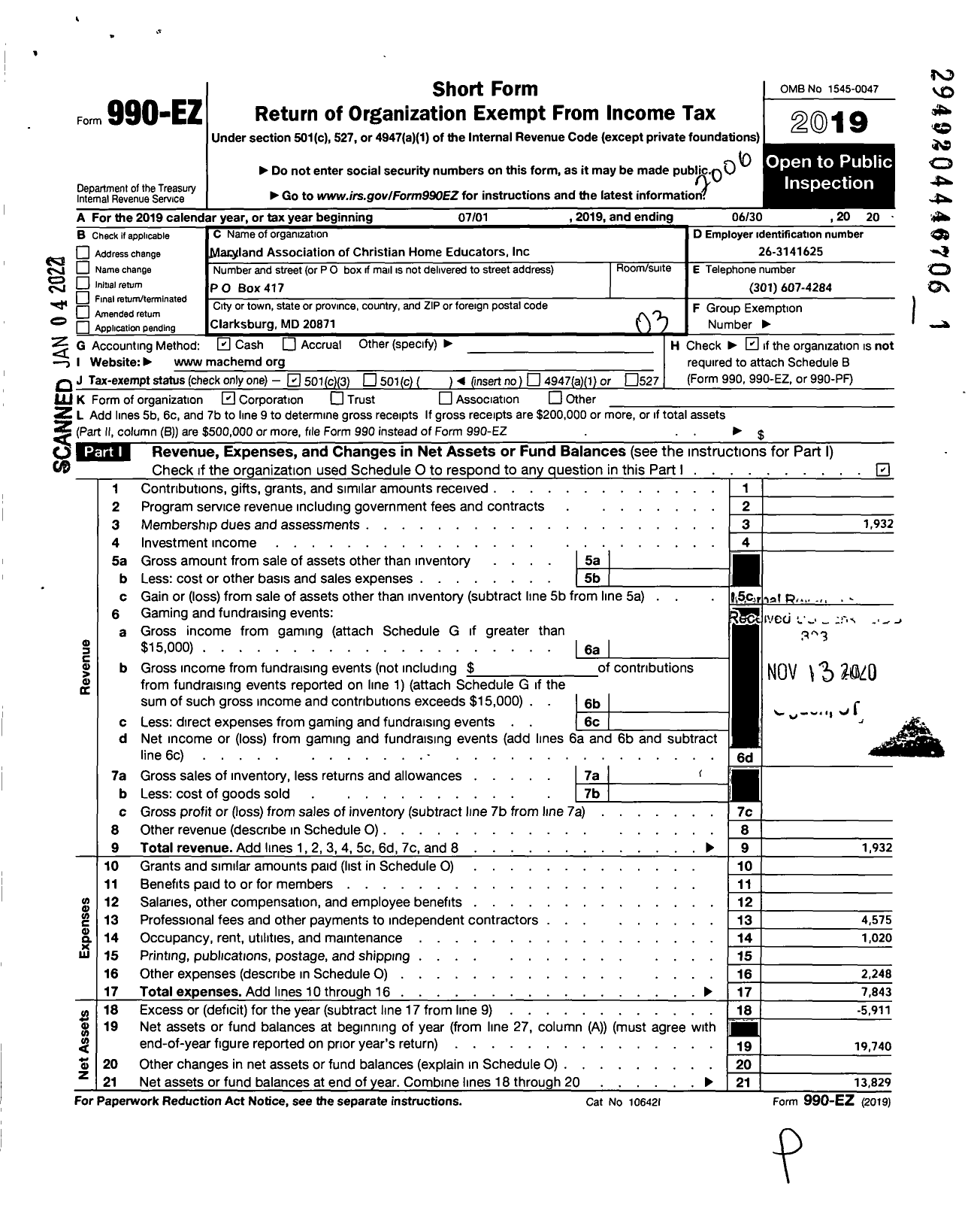 Image of first page of 2019 Form 990EZ for Maryland Association of Christian Home Educators (MACHE)