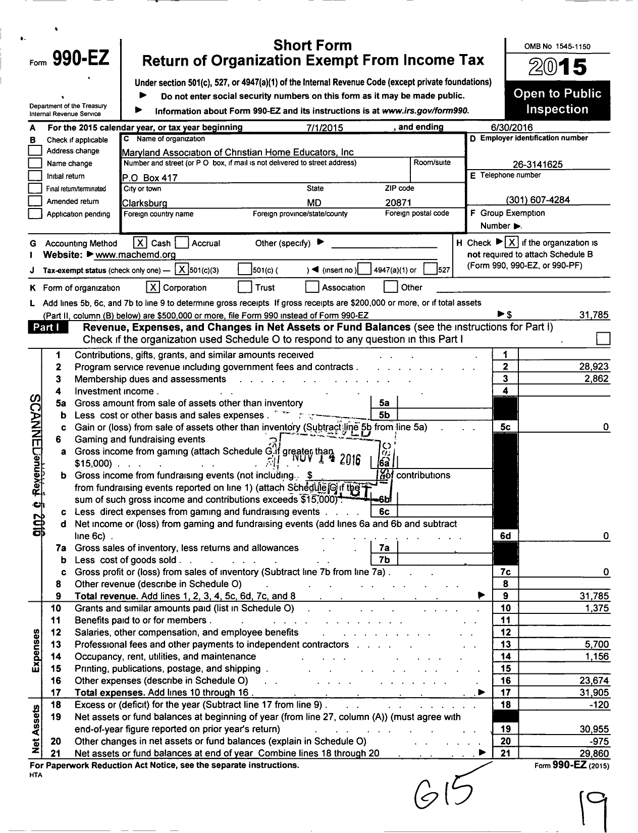 Image of first page of 2015 Form 990EZ for Maryland Association of Christian Home Educators (MACHE)